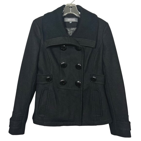 Kenneth Cole Reaction Womens Black Wool Blend Double-Breasted Peacoat Size 6 - Picture 2 of 5